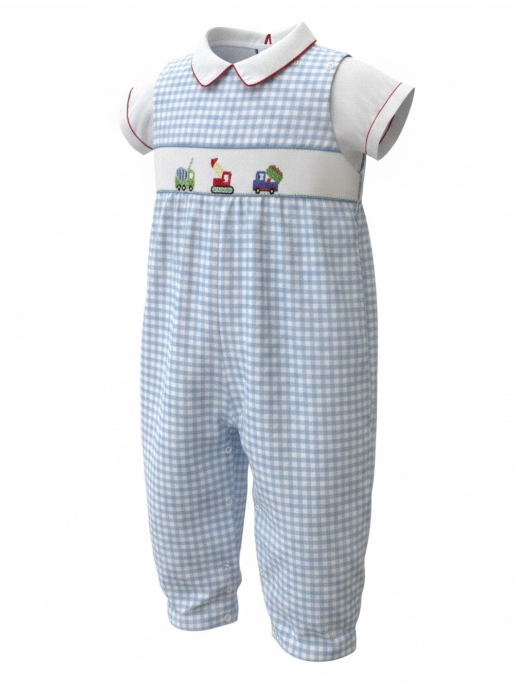 Classic Blue Gingham Smocked Train Romper - Kids Matching Set Vintage smocking
